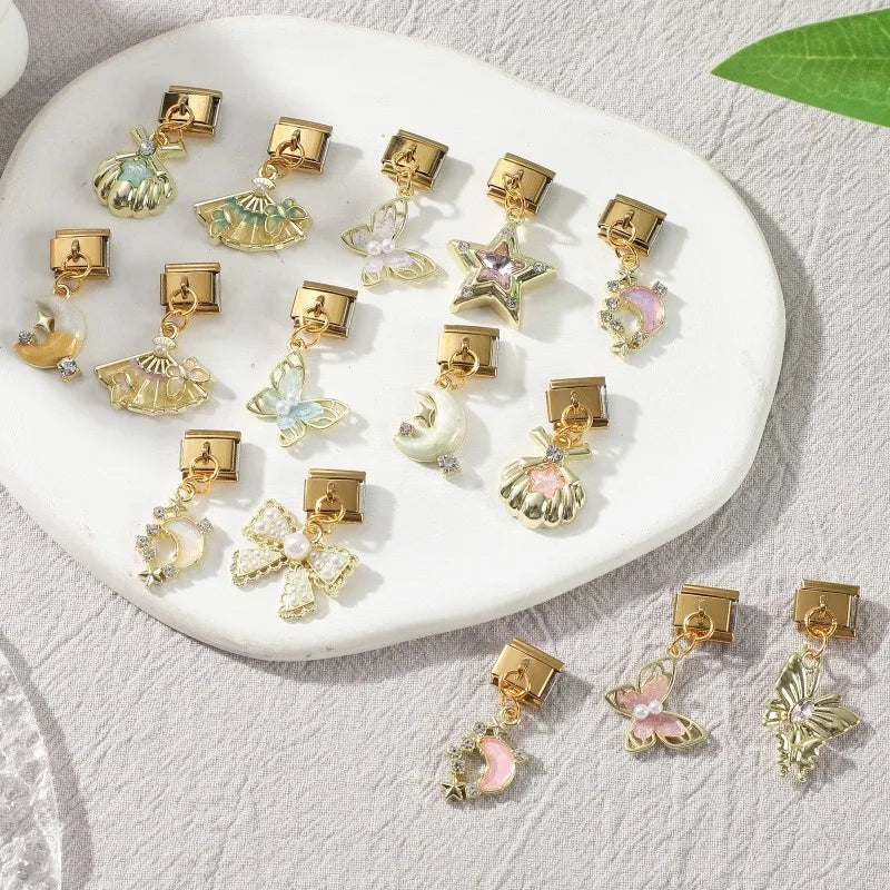 Y2k Charm Colored Butterfly Bowknot Leafs Italian Charm Links Fit 9mm Bracelet Stainless Steel DIY Jewelry Making Wholesale Qme
