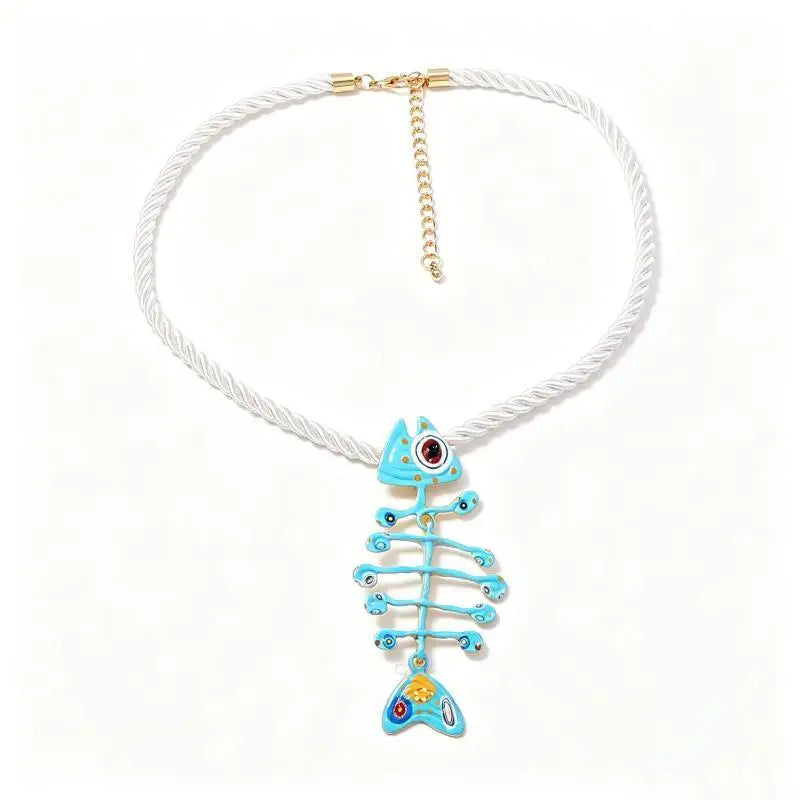 Hand Woven Boho Rope Pendant Necklace Alloy Printed Fish Bone Decor Non-irritating Neck Jewelry for Teen Girls Qme A3