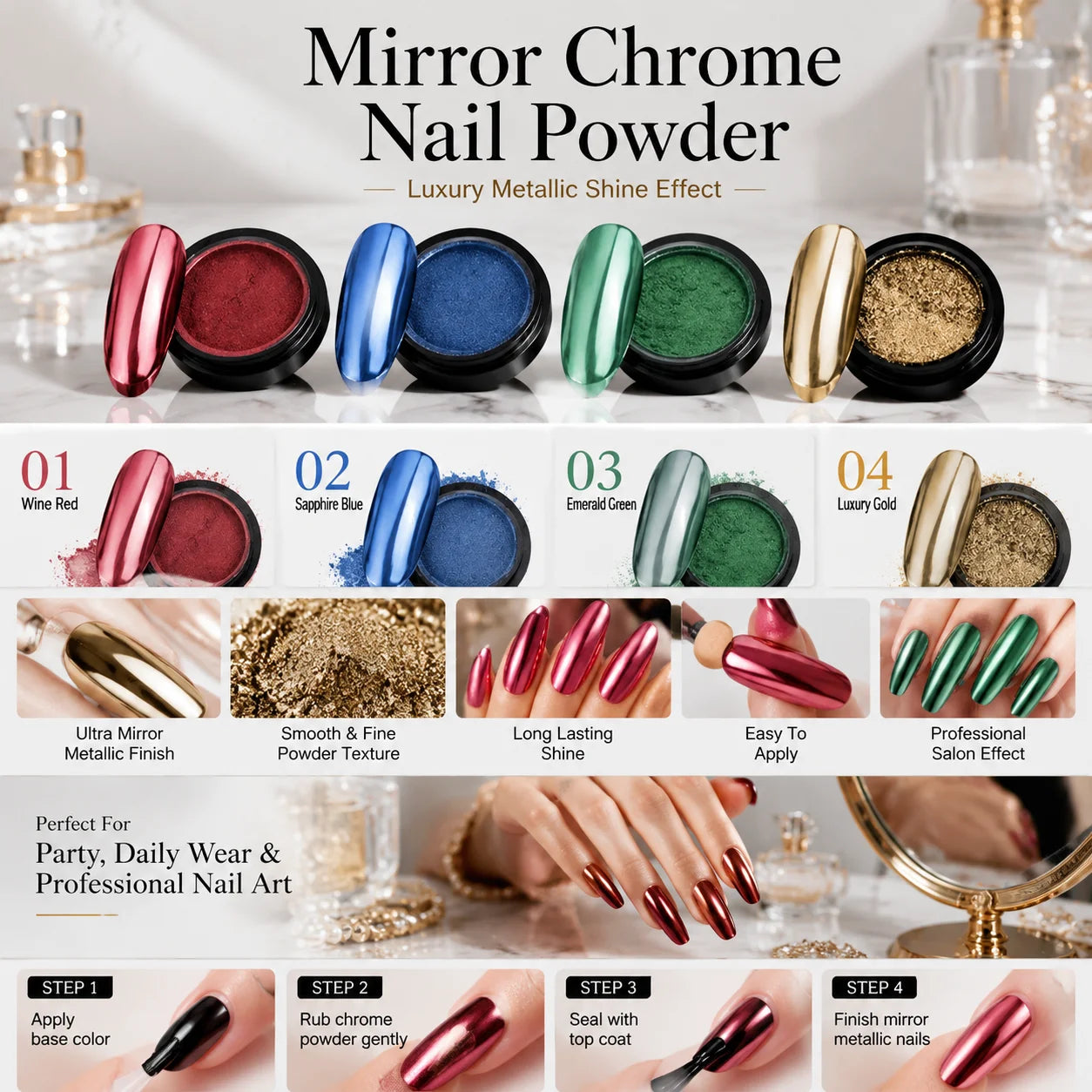 4 Colors Premium Mirror Nail Powder Metallic DIY Decorations Stone Qme