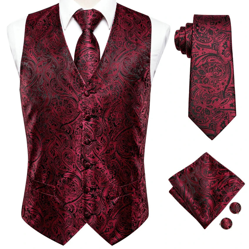 Hi-Tie Sage Mens Suit Red Paisley Vests 4PC Woven Waistcoat Tie Pocket Square Cufflinks Business Wedding Dress Waist Jacket Qme MJ-0024 M