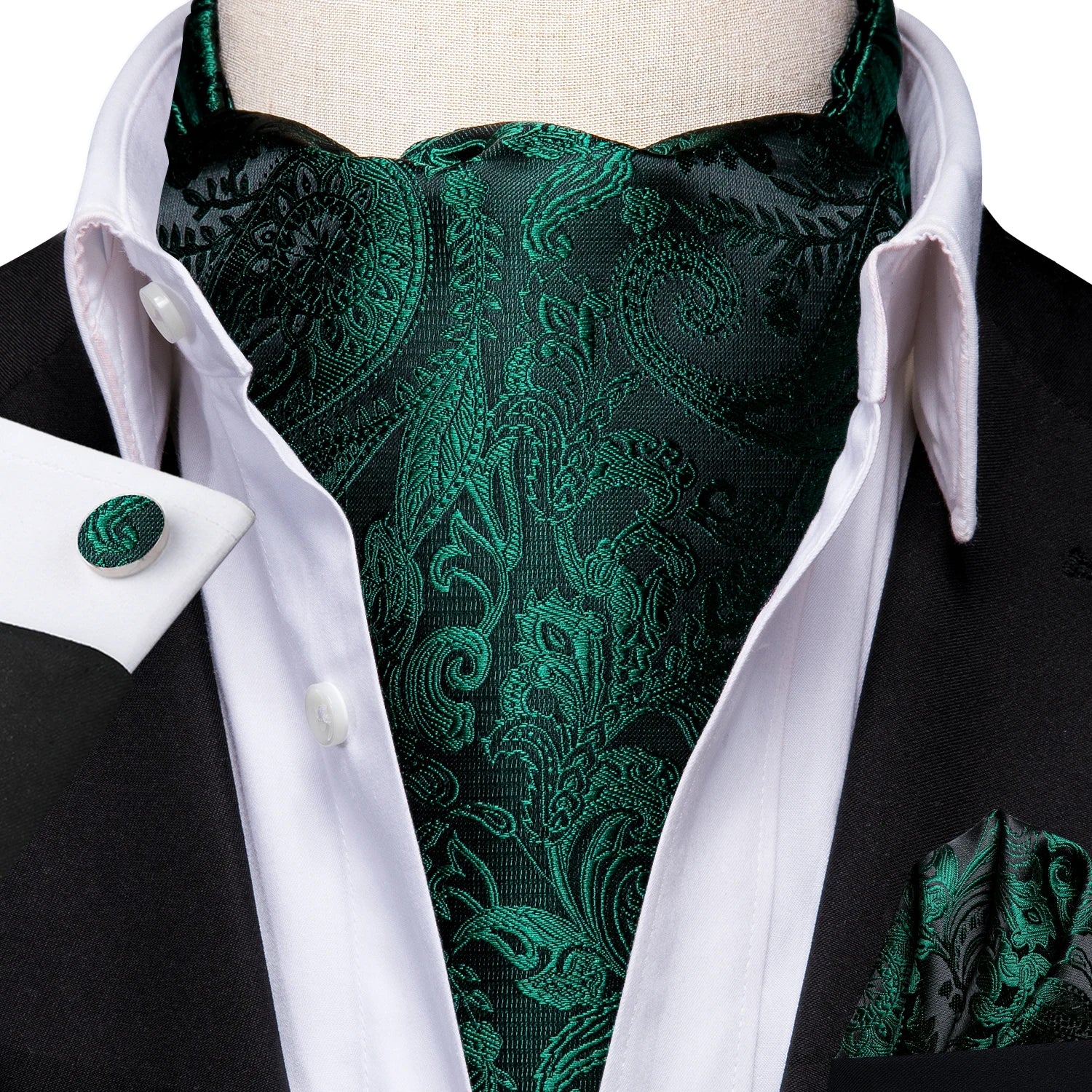 Silk Mens Ascot Black Pink Blue Red Gold Green Purple White Beige Cravat Tie Hanky Cufflinks for Male Wedding Business Prom Gift Qme AS-1104