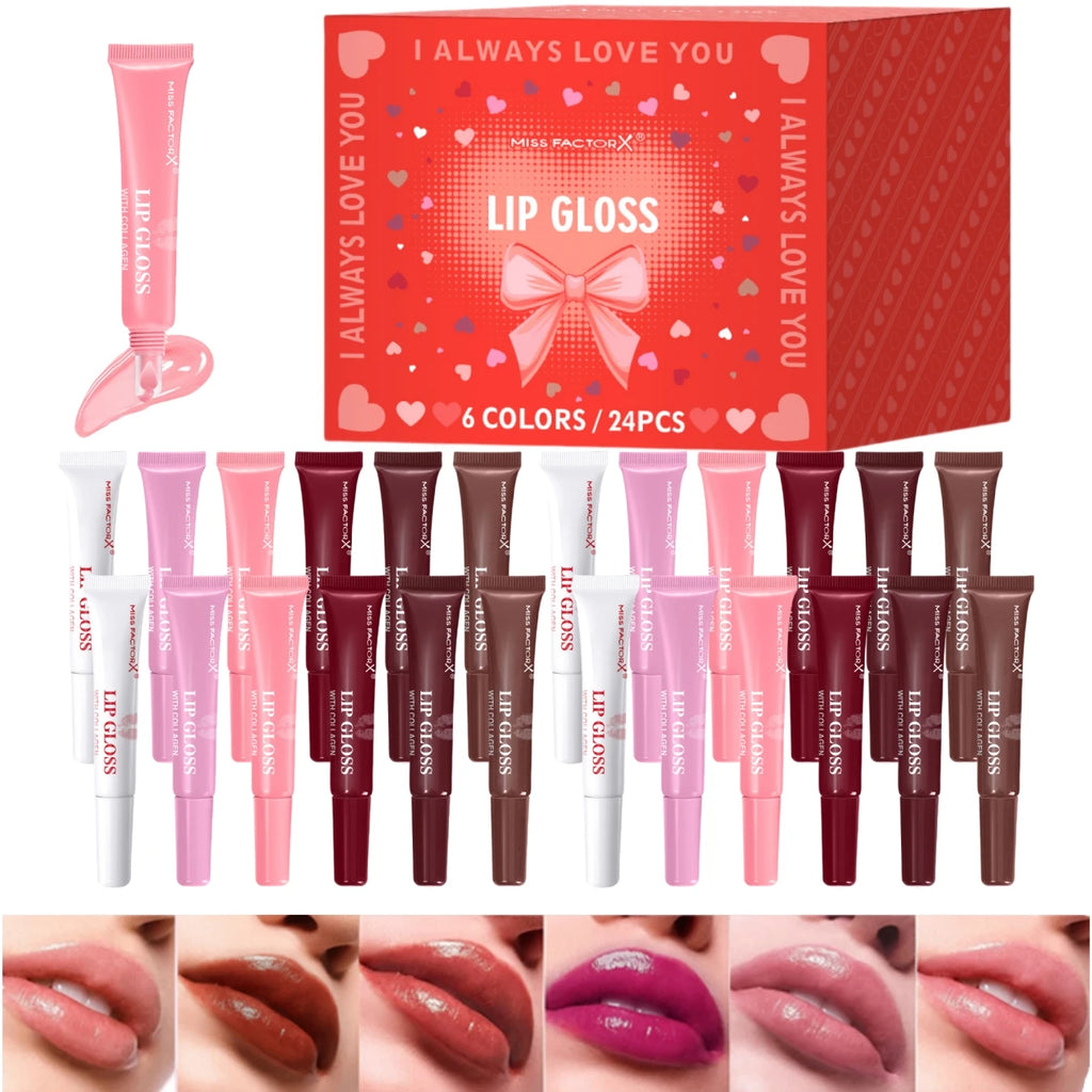 Premium gift set 24PCS/box Lip gloss set Long-lasting moisturizing Lip color modification Perfect gift for women Valentine’s Day Qme