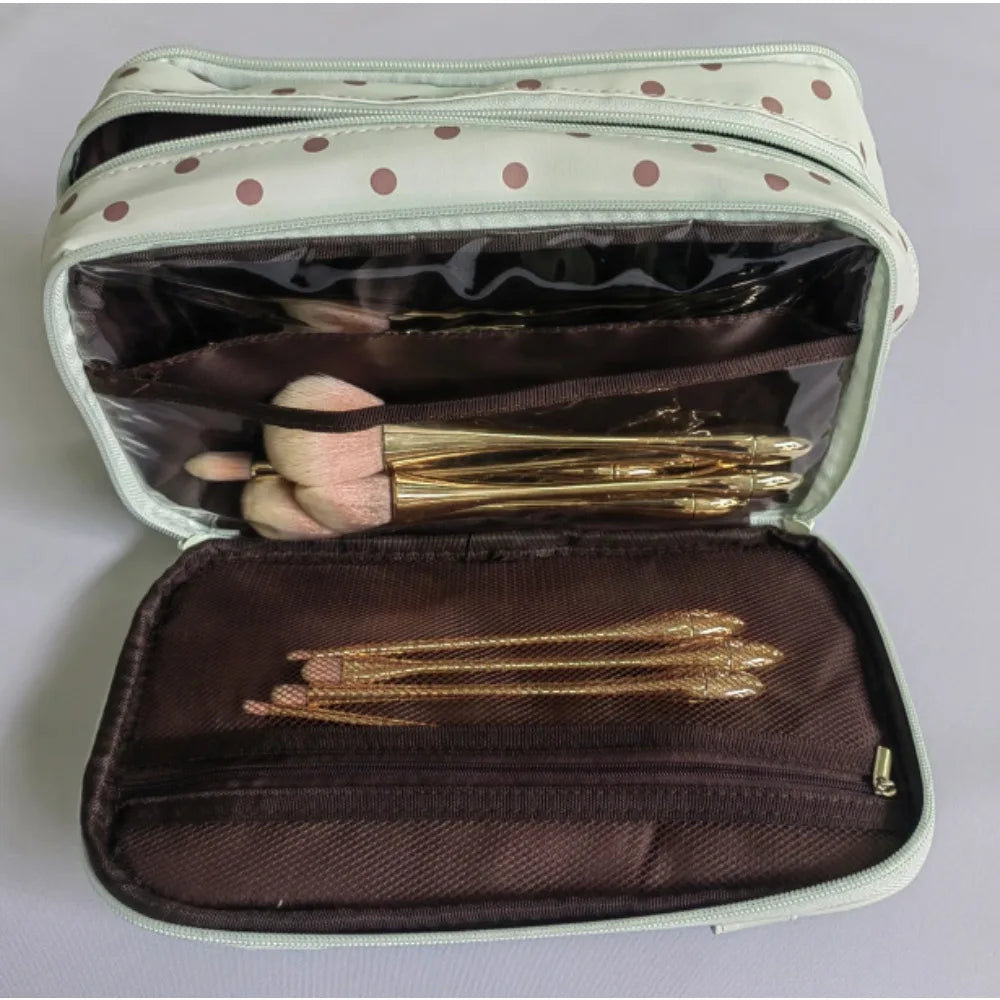 Korean Mint Green Polka Dot Synthetic Leather Makeup Bag Large Qme