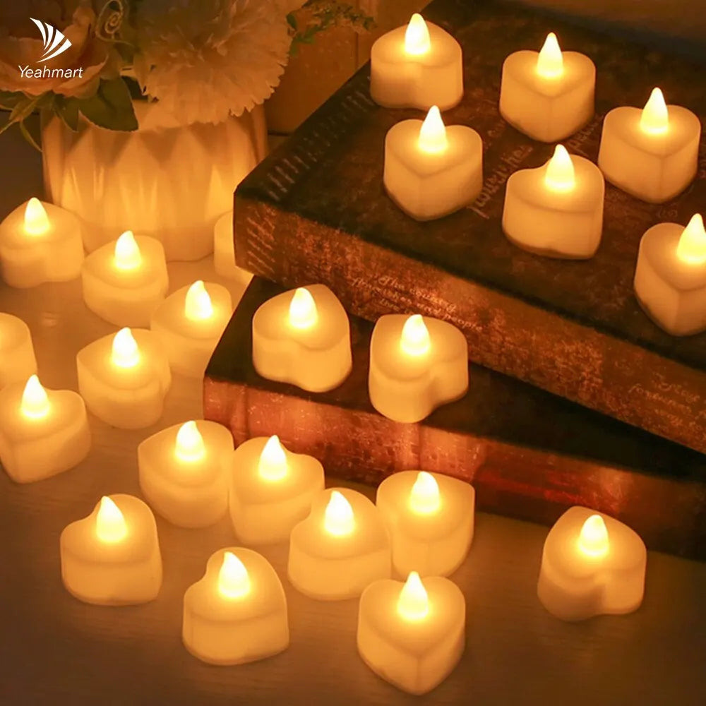 24Pcs Flameless Led Candle For Home Party Wedding Decoration Heart-shaped And Circular Electronic Battery-Power Tealight Candles Qme heart-shaped