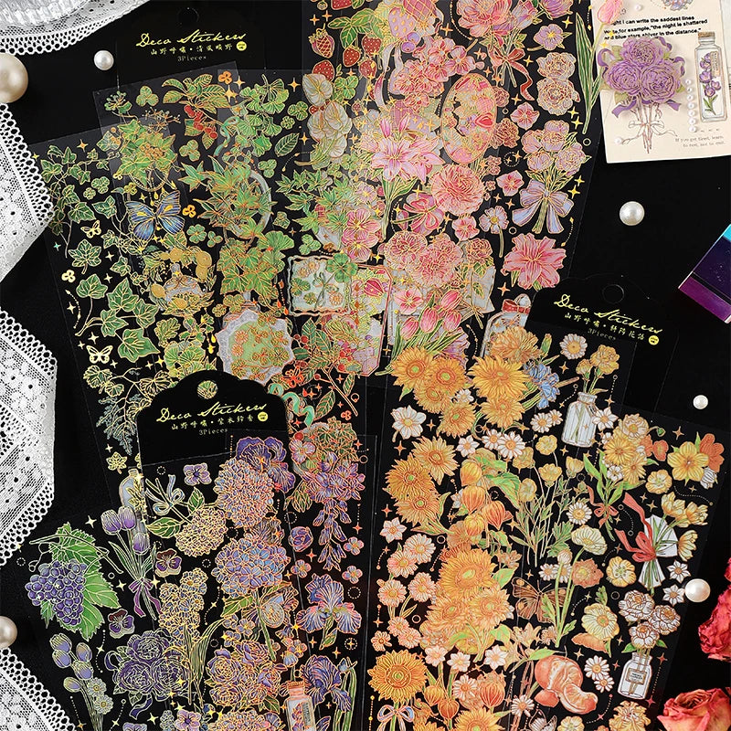 3 pcs Bronzing Flowers Stickers aesthetic Diy Stickers Aesthetic Scrapbooking Journal Deco Album Deco DIY Diary Stationery Qme