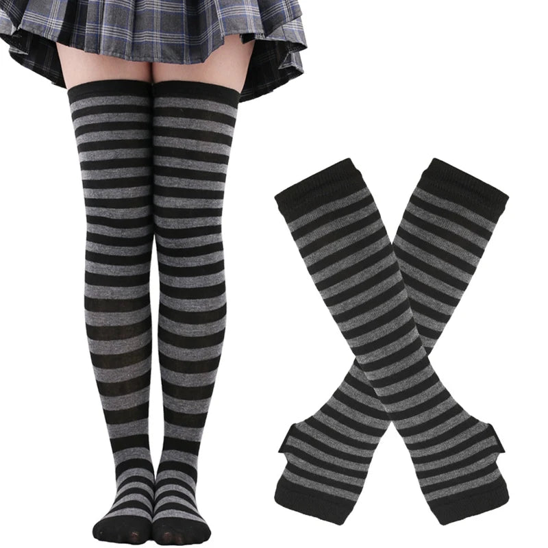 Women Girls Over Knee Long Stripe Thigh Cotton Gothic Lolita Socks Qme black gray One Size