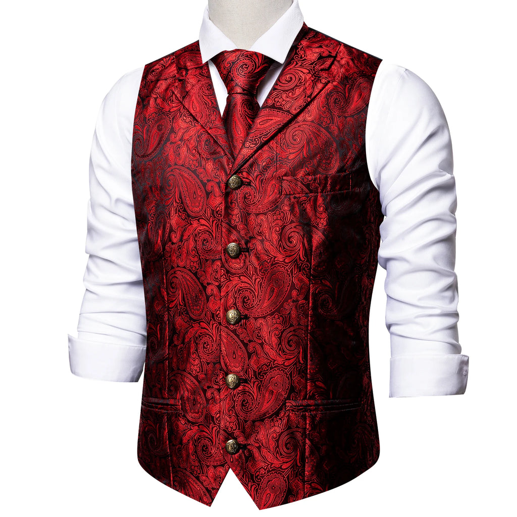 Men's Jacquard Waistcoat Half Notch Lapel Vest Necktie Pocket Square Cufflinks Set Formal Wedding Party Prom Business Suit Vests Qme