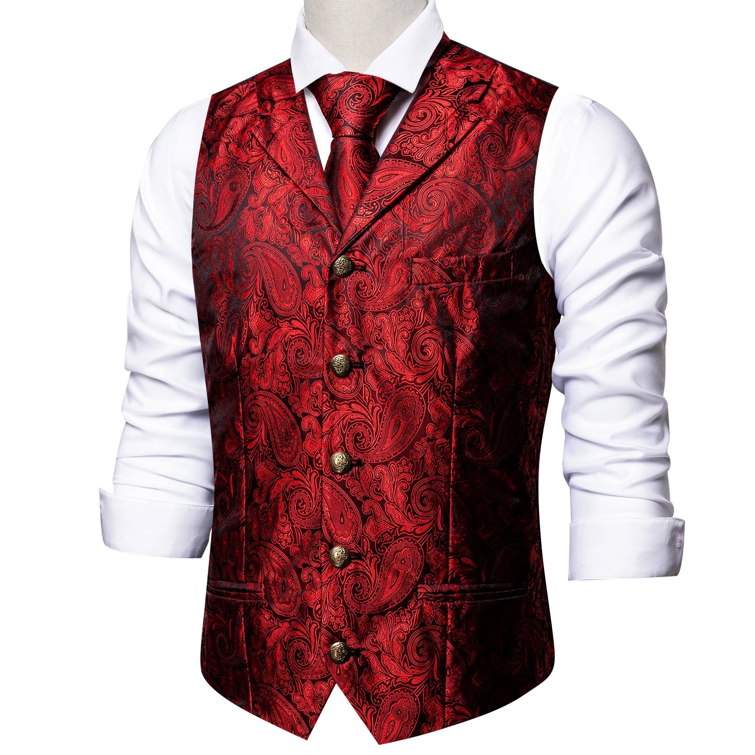 Men's Jacquard Waistcoat Half Notch Lapel Vest Necktie Pocket Square Cufflinks Set Formal Wedding Party Prom Business Suit Vests Qme