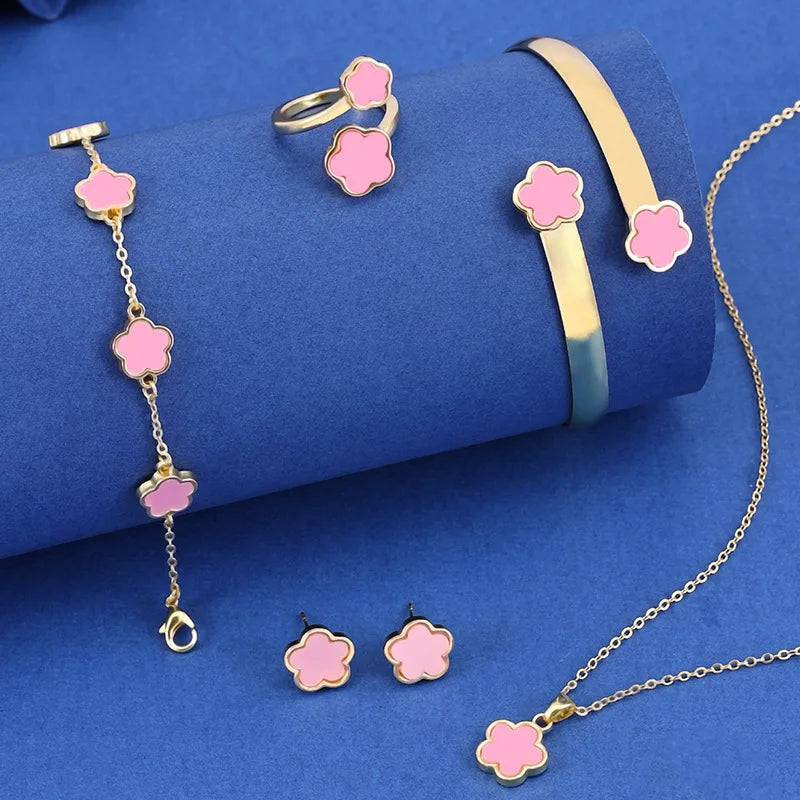 5PCS Five Leaf Flower Jewelry Set Bracelet Necklace Earrings Ring Bangle Classic for Woman Girl Party Brand Jewelry Gift Clover Qme