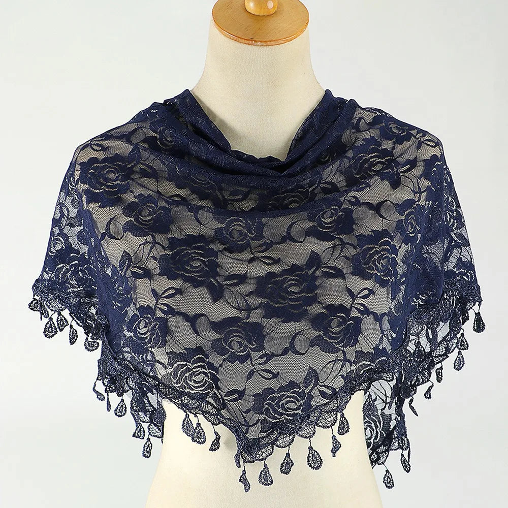 Sun Protection Lace Scarf Colorful Tassel Printed Wraps Hair Qme Navy Blue