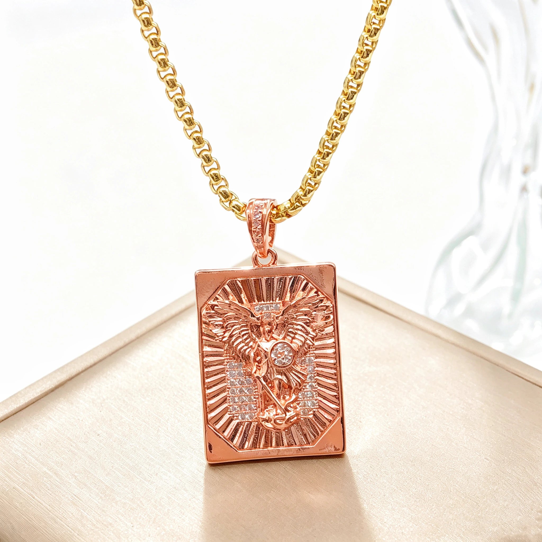 High Quality Square Religious St. Michael Stainless Steel Necklace Fashion for Men Women Party Gold/Rose Gold Zircon Jewelry Qme 3 60cm