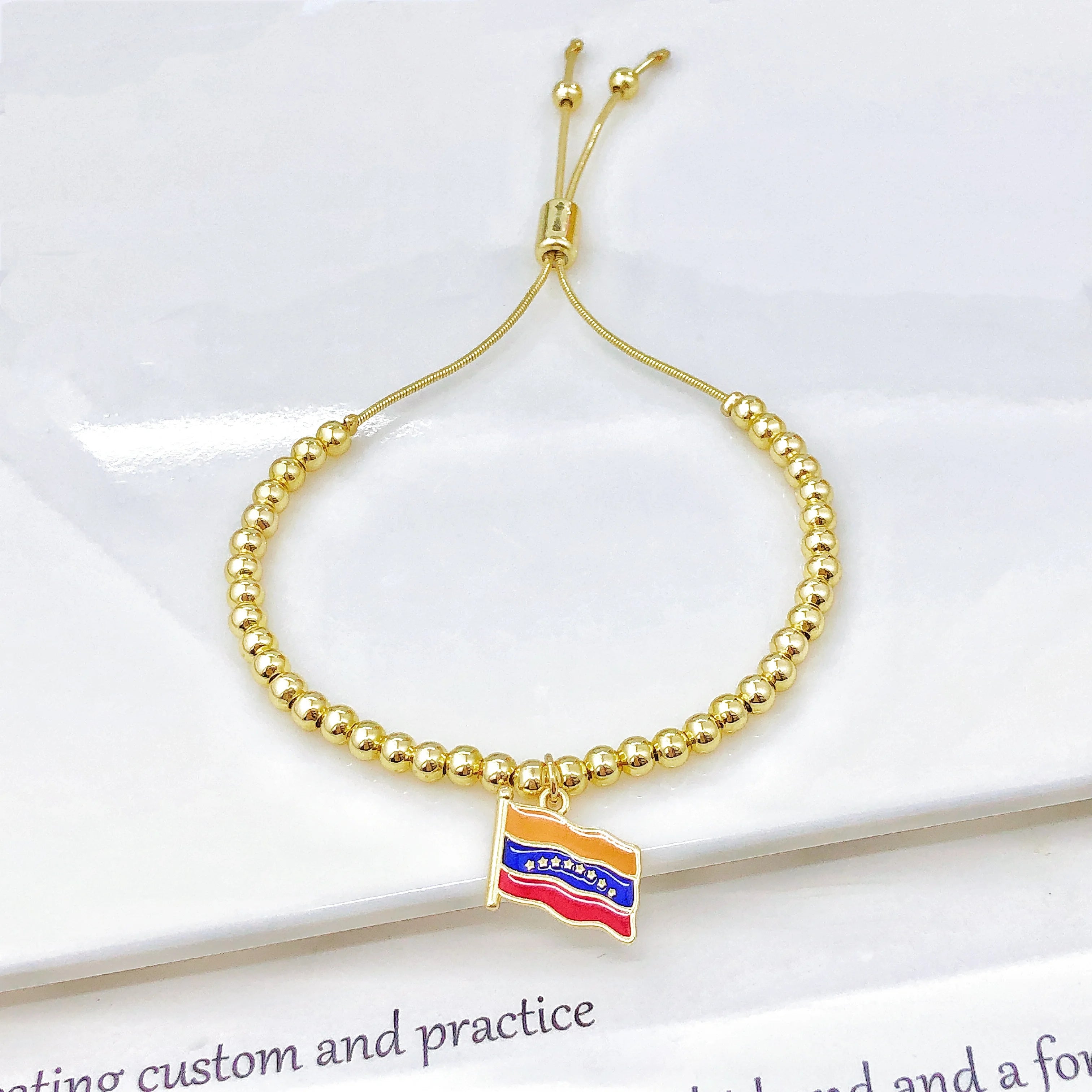 Adjustable Gold Plated Beaded Zircon Bracelet Enamel Colombia Venezuela Flag Map Men Women Charm Bracelet for Party Jewelry Gift Qme 6
