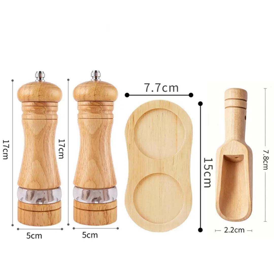 A 6 Inch Acrylic Pepper Mill Ceramic Core Grinder, Rubber Wood Double Hole Tray & Small Wood Spoon Spice Seasoning Set Qme 4pcs Grinding setD
