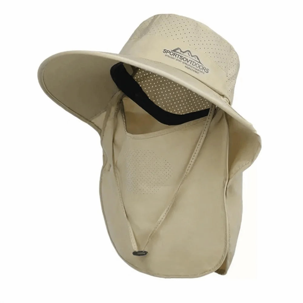 UV Protection Large Brimmed Sun Hat Breathable Face Shield Neck Flap Fisherman Hat Waterproof Polyester Outdoor Bucket Hat Qme Khaki