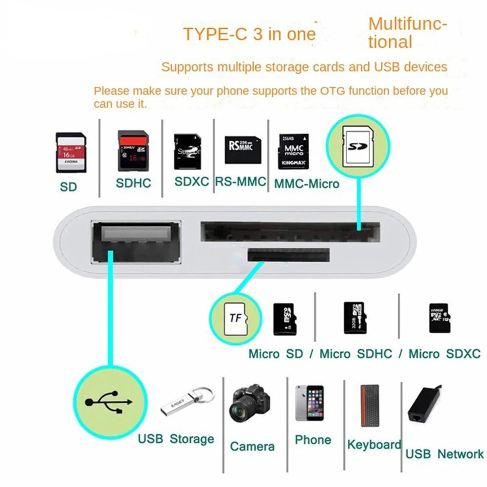 Type C Card Reader 3 in 1 Hubs Multi Port TF CF SD Memory Card Reader USB Hub Converter for Phone Samsung Xiaomi USB C Adapter Qme