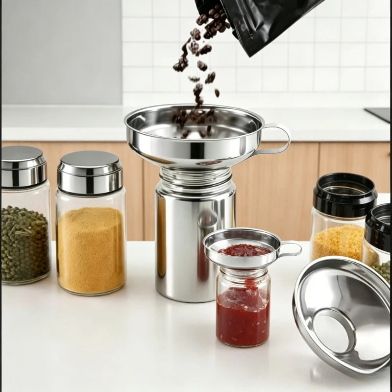 Food Grade Stainless Steel Wide Mouth Kitchen Funnel Set 2 Sizes for Pouring Oil Wine Jam Liquid Canning Spices Qme