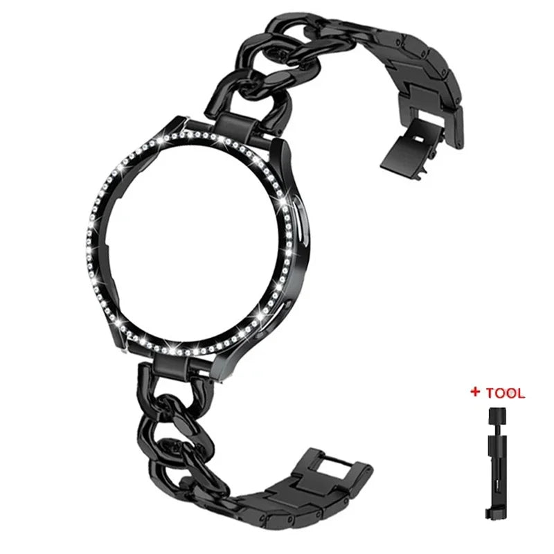 Bling Case+Bracelet for Samsung Galaxy Watch 6 5 4 40mm 44mm Metal Cowboy Chain Strap Screen protector Galaxy Watch 4 5 6 Band Qme Black galaxy watch 6 40mm