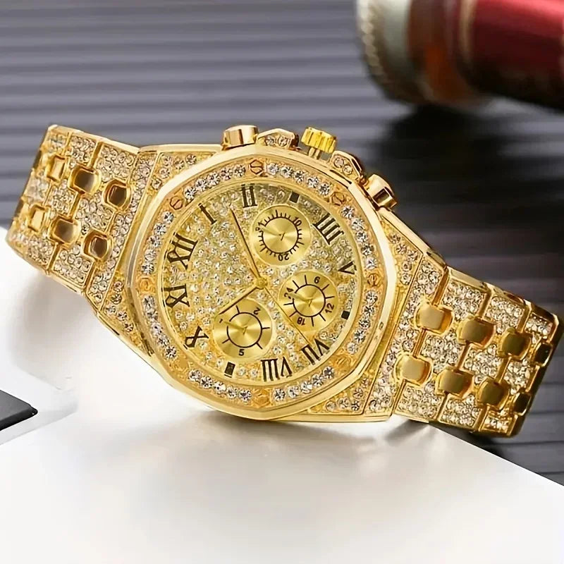 Luxury Octagonal Bezel Iced Quartz Watch Multipack Roman Numeral Dial Men Hip Hop Jewelry Without Gift Box Qme