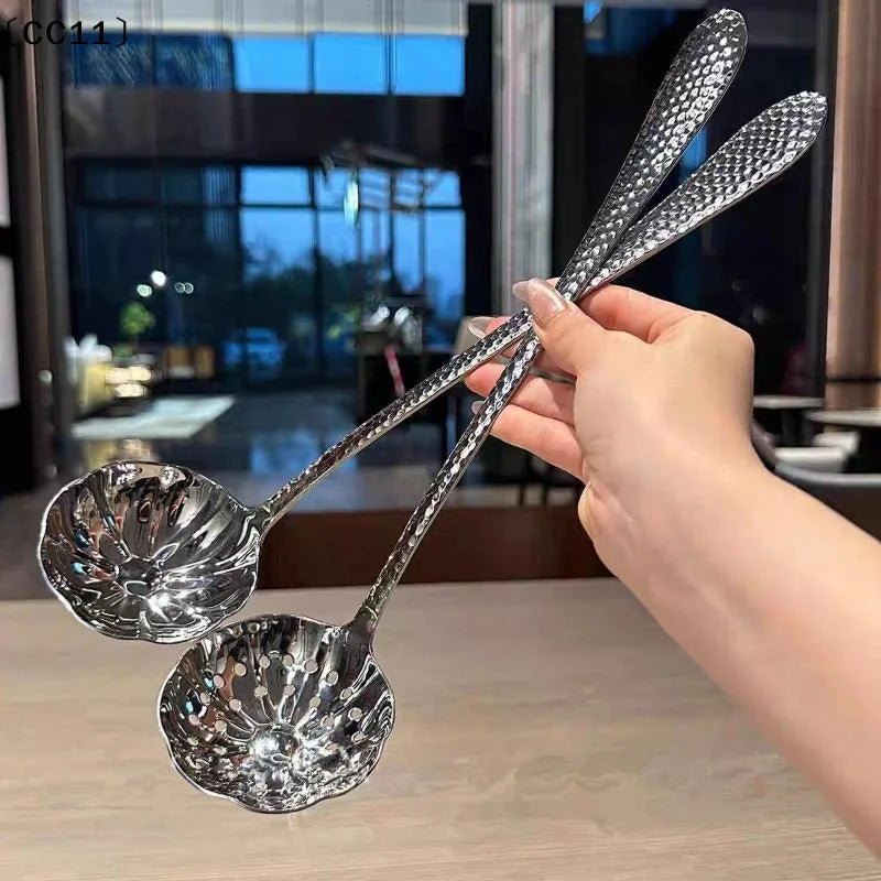 Stainless Steel Spoon Long Handle Soup Spoons Pot Scoops Colander Qme