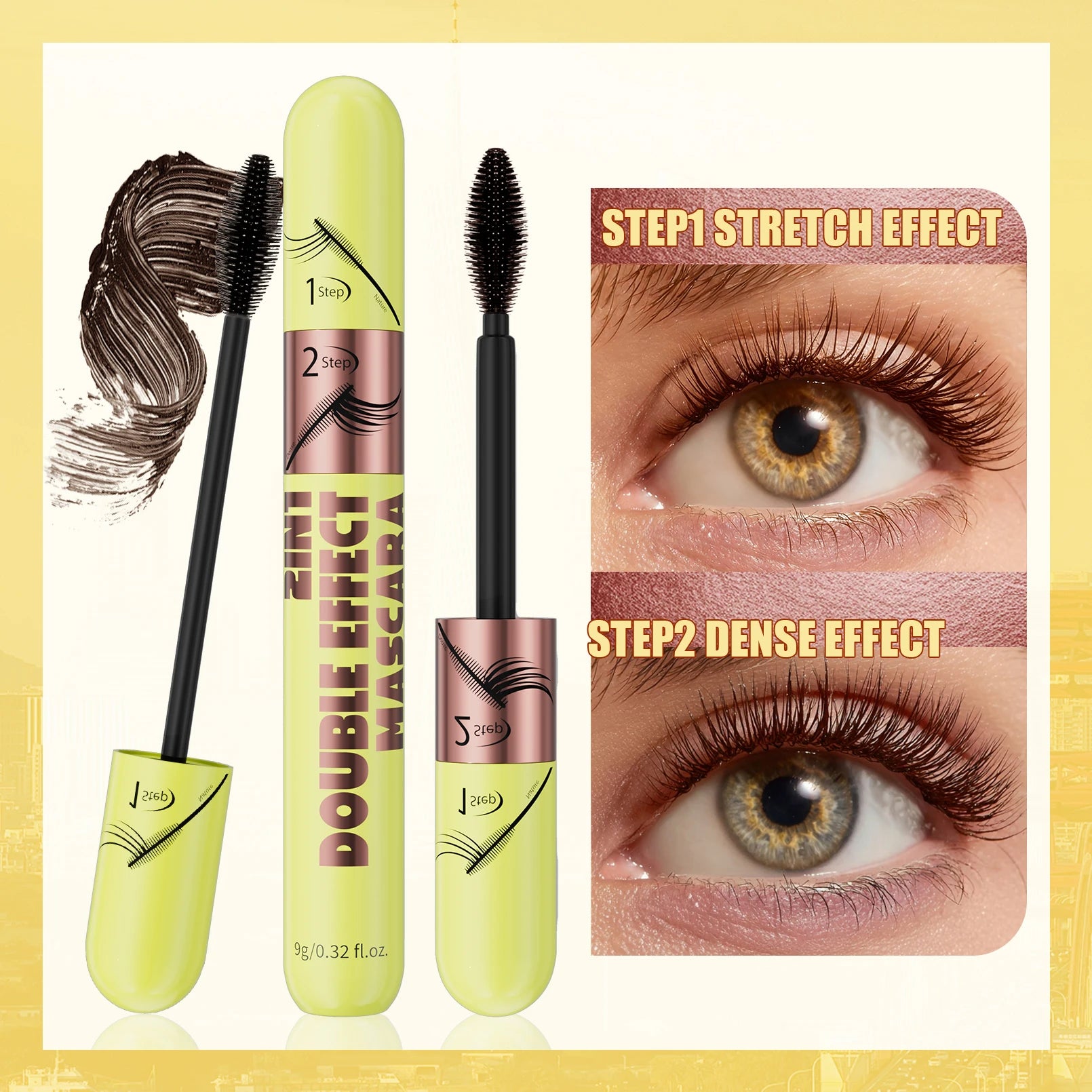 [Dual Brush Heads Brown Mascara] Waterproof Brown Mascara with Dual Brush Heads - Smudge-Proof, Clump-Free for Longer Qme