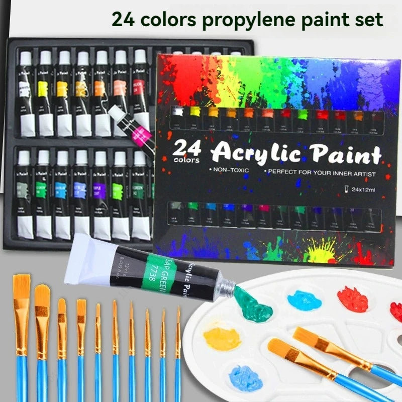 Acrylic Paints Set 24 Colors Professional Brush Set 12ml Tubes Artist Drawing Painting Pigment Hand Painted Wall Paint DIY Qme