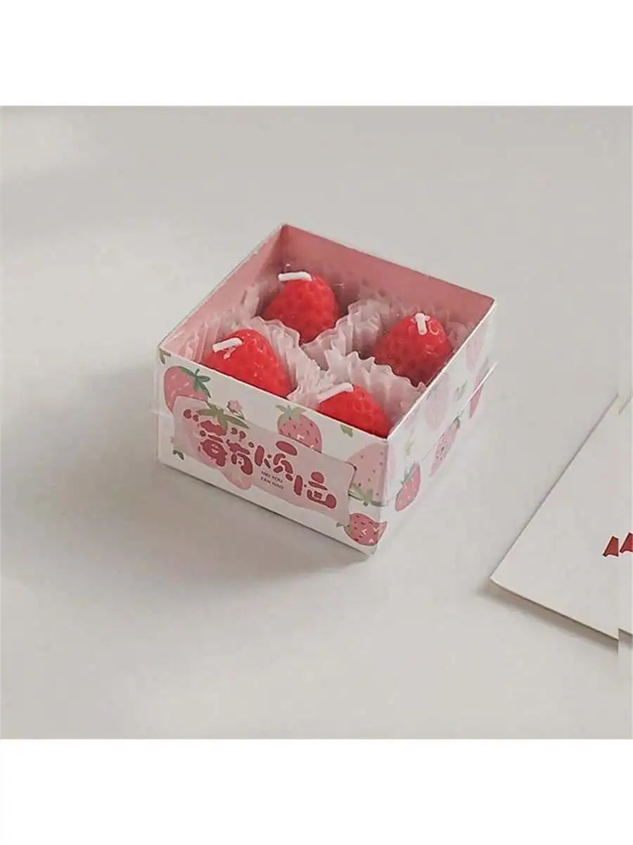 4 Strawberry Shaped Scented Candles Unique Soy Wax Sweet Taste Used Qme red