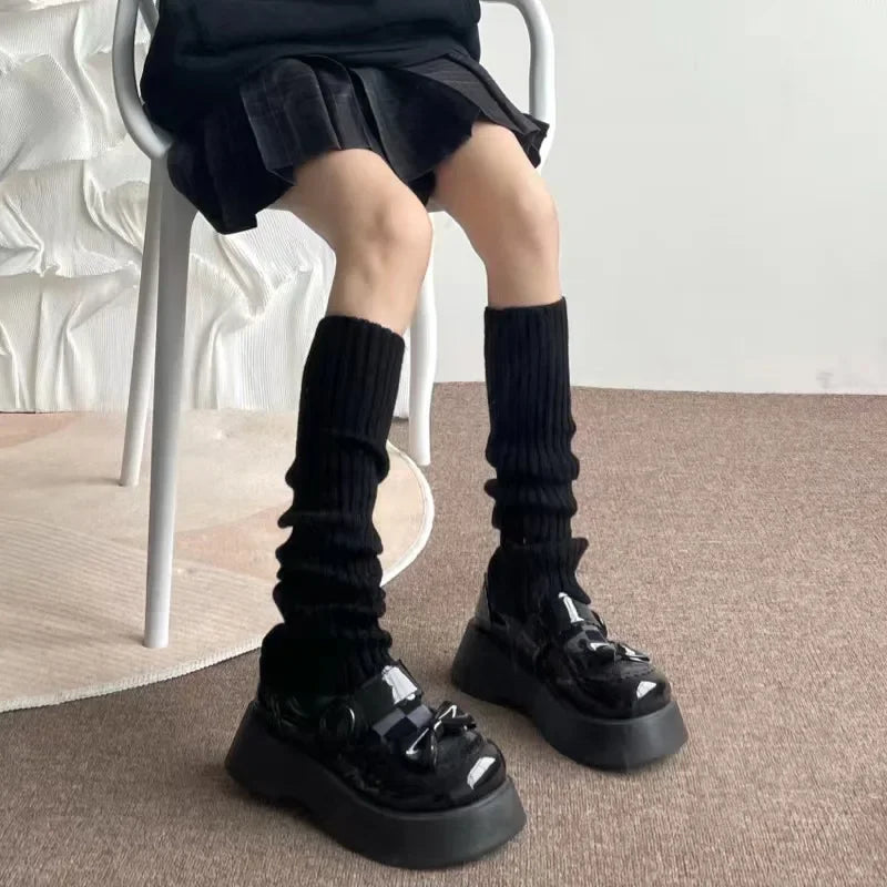 Women's Leg Warmers Lolita Long Socks JK College Knitted Warm Autumn Qme Black 40cm One Size