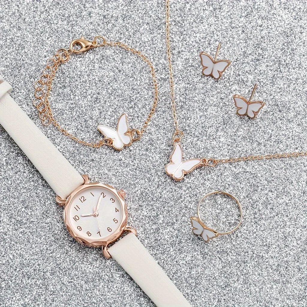 Simple bezel, white plate, quartz women's watch strap+white drip oil butterfly necklace, bracelet, earrings, ring, five pieces Qme