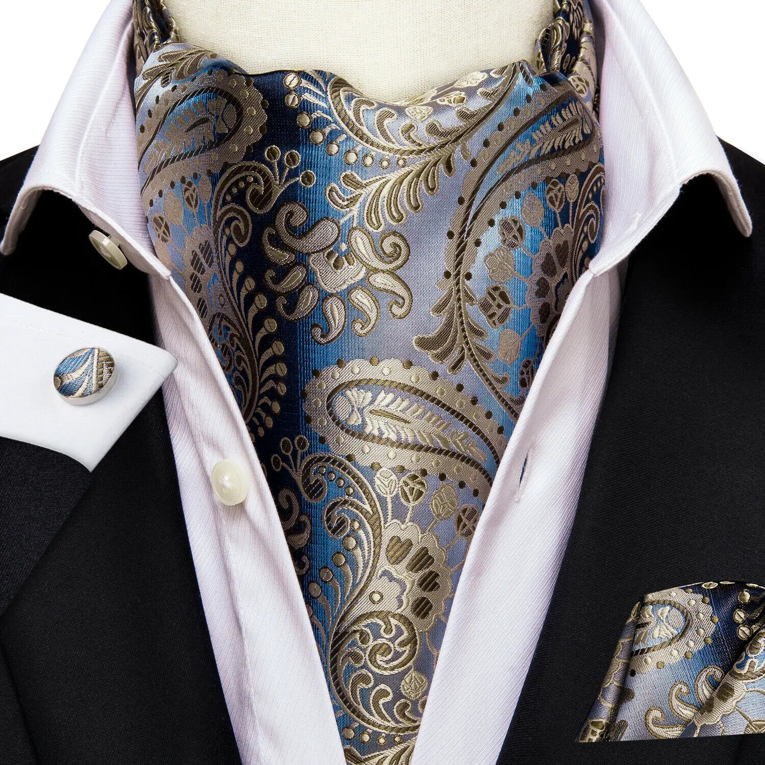 Mens Blue Floral Stripes Cravat Ascot Pocket Square Cufflinks Wedding Qme LDAS1040