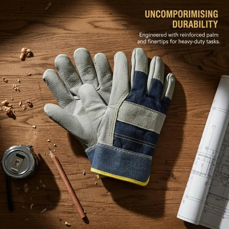 1 Pair Cowhide Denim Gloves Thickened Protective Work Carpentry Qme