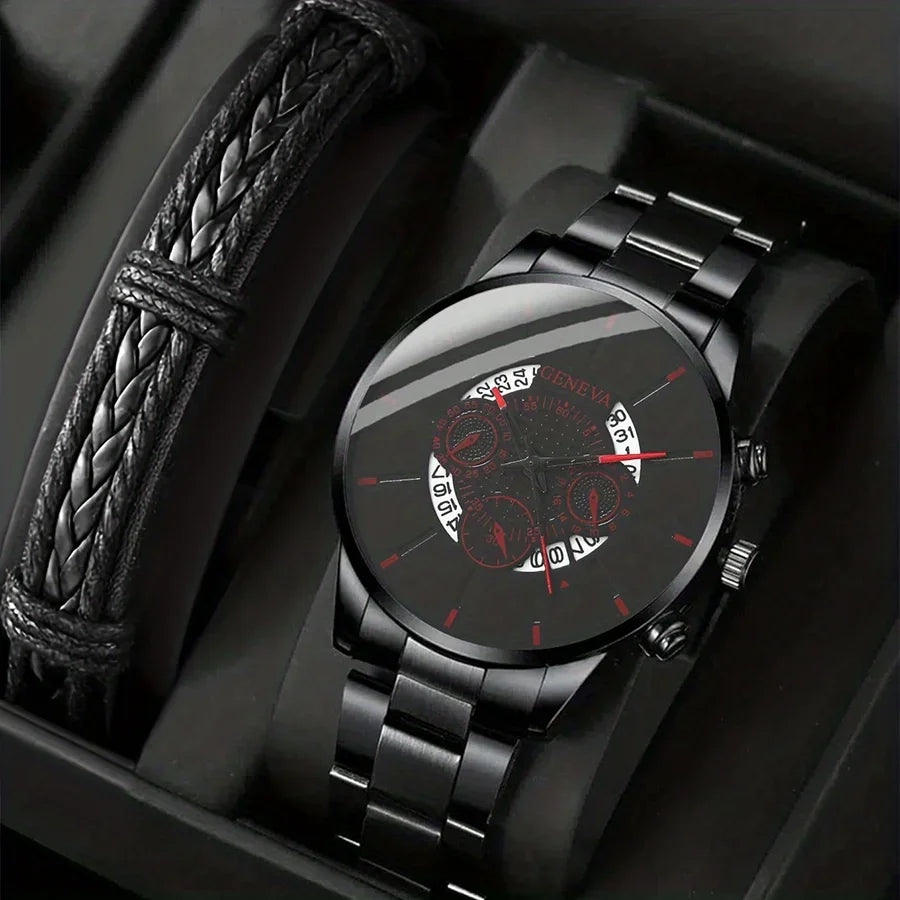 1pc Men's Round Dial Quartz Watch With Stainless Steel Strap & 1pc Bracelet Men's Accessories Qme Black Red No