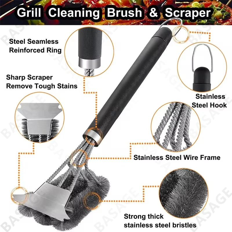 Barbecue Grill BBQ Brush Clean Tool Grill Accessories Stainless Steel Bristles Non-stick Cleaning Brushes Barbecue Accessories Qme