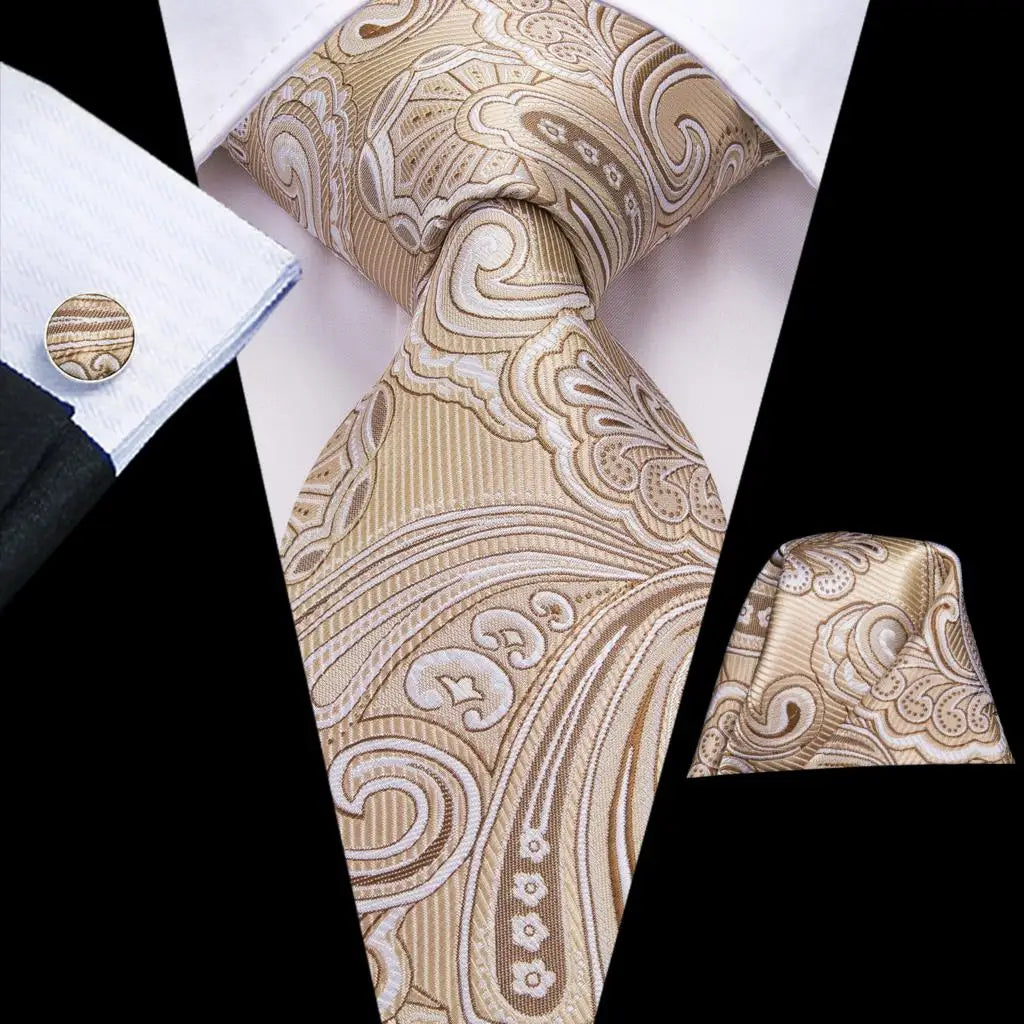 Champagne Floral Paisley Elegant Tie Men Groom Wedding Yellow Gray Qme SN-3244
