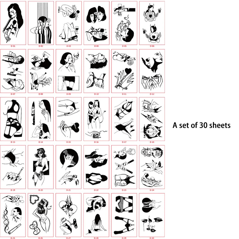 30 Sexy Black Temporary Stickers for Couples Tattoo Stickers Small Clear Dark Series Disposable Temporary Pattern Stickers Qme 30A