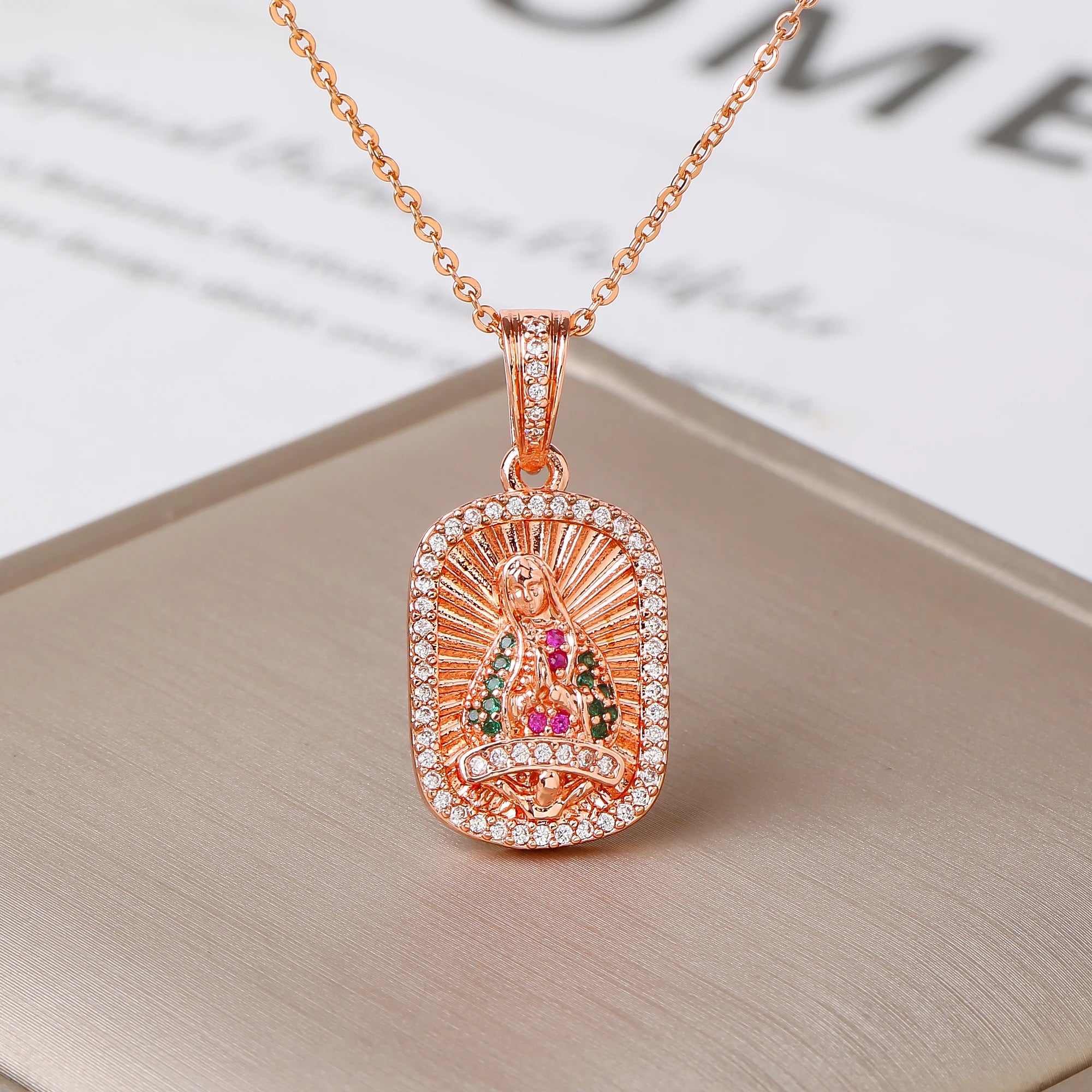 Multicolor Zirconia Oval Rectangle Virgen De Guadalupe Pendant Necklace Catholic Amulet Jewelry For Women Daily Baptism Gift Qme 6 1