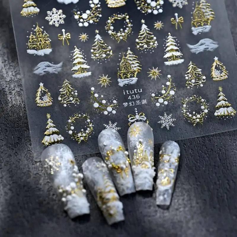 Christmas Embossed Nails Art Stickers Dreamy Castle Tree Snowflake Qme