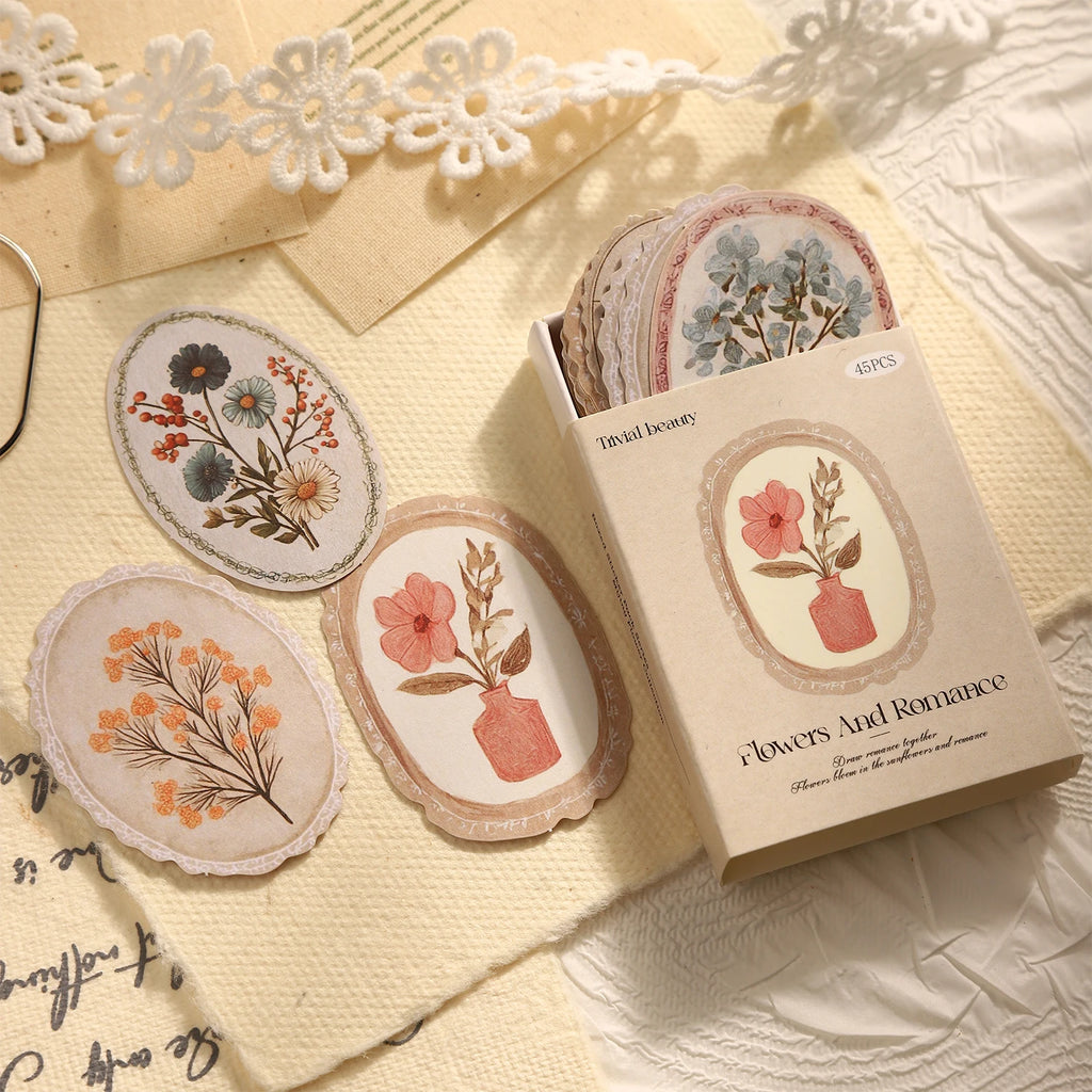 45 Sheets/Bag Floral Theme Envelope Sealing Boxed Stickers for DIY Scrapbook Background Phone Case Notebook Decoration Craft Qme