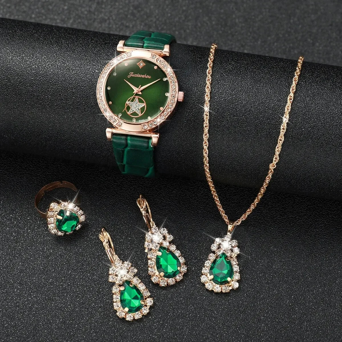 Rose Gold Ladies Green Leather Watch Set Water Drop Emerald Crystal Jewelry Necklace Earrings Ring Party Ornament Kit Qme
