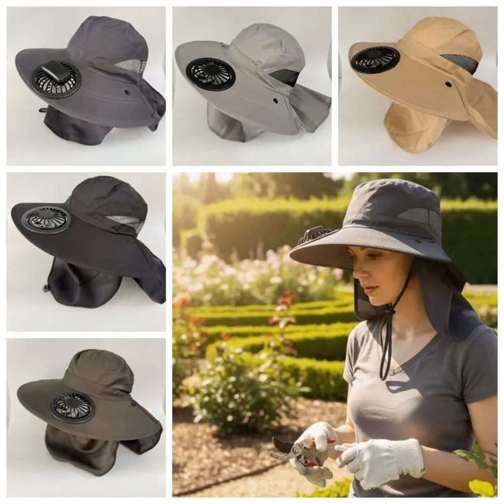 Portable Rechargeable Fan Hat Adjustable Long-lasting Fishing Sun Shading Hat with Face Cover 300mA Wide Brim Fan Hat Travel Qme