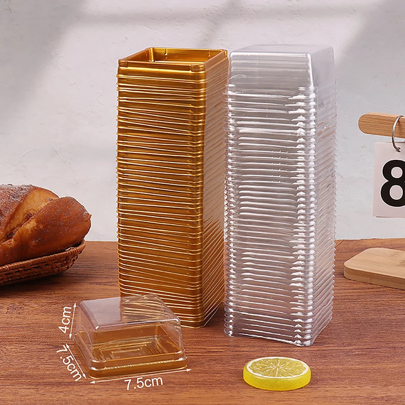 50Pcs Dessert Egg-Yolk-Puff BoxTransparent Square Plastic Muffin Packaging Boxes Moon Cake Container Baking Food Packing Qme 100g Gold