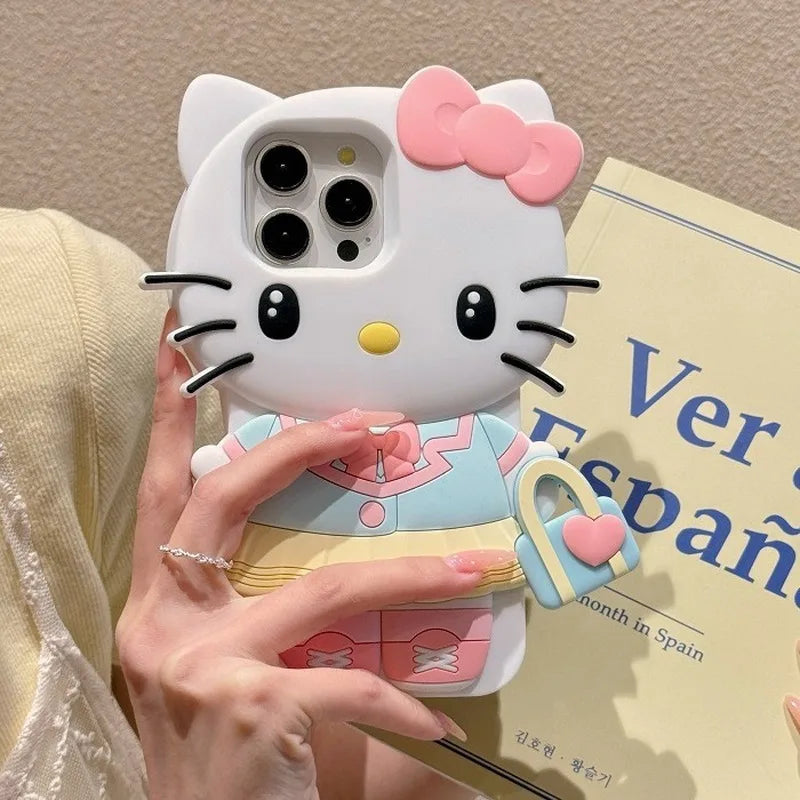 Sanrio Cute 3D Big Head Hello Kitty Case For iPhone 14 15 16 17, Cartoon Bear Heart Soft Silicone Anti-drop Ladies Phone Shell Qme