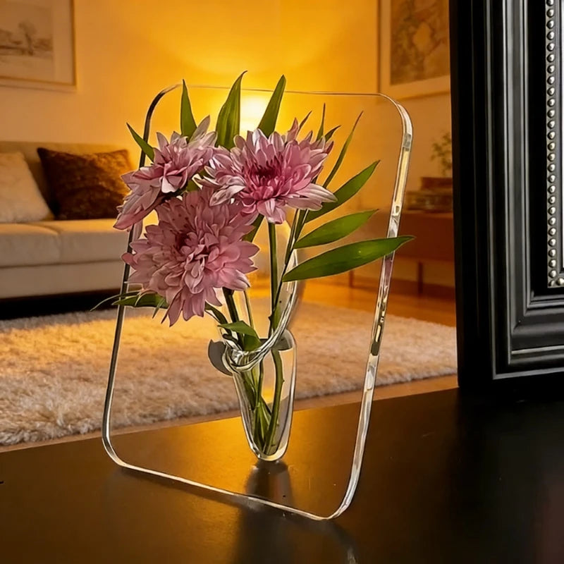 Modern Transparent Acrylic Frame Vase, Decorative Photo Frame Flower Vase for Desktop & Bookshelves Home Decoration Qme