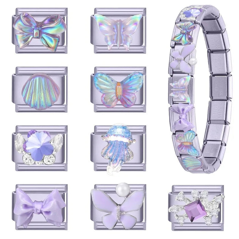 2026 Y2K Charm Beautiful Purple Sunset Zircon Italian Charm Links Fit 9mm Bracelet Stainless Steel DIY Jewelry Making Wholesale Qme