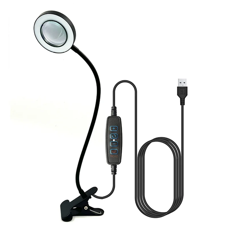 A02F-48 LED Desk Lamp Clip With 5X Magnifying Glass Light 360° Adjustable 3 Modes LED Desk Light For Bed Desk Work Crafts-2PC Qme