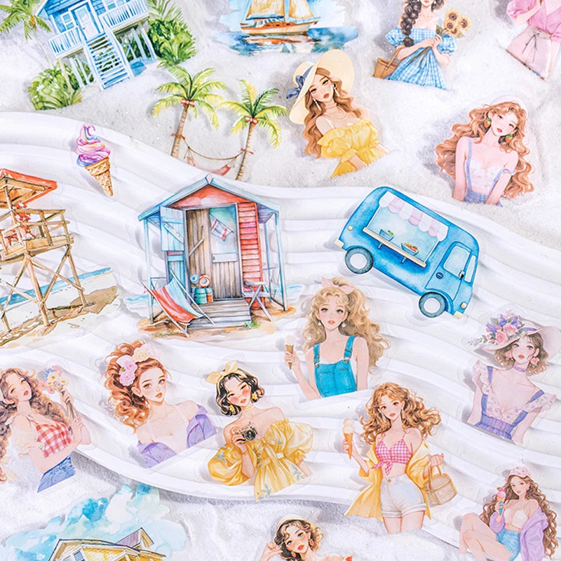 Vacation Girl & Scenery PET Sticker Pack, Journal Collage Decor, Toppa Decoration, Gift Wrapping & Multi-Purpose Stickers Qme