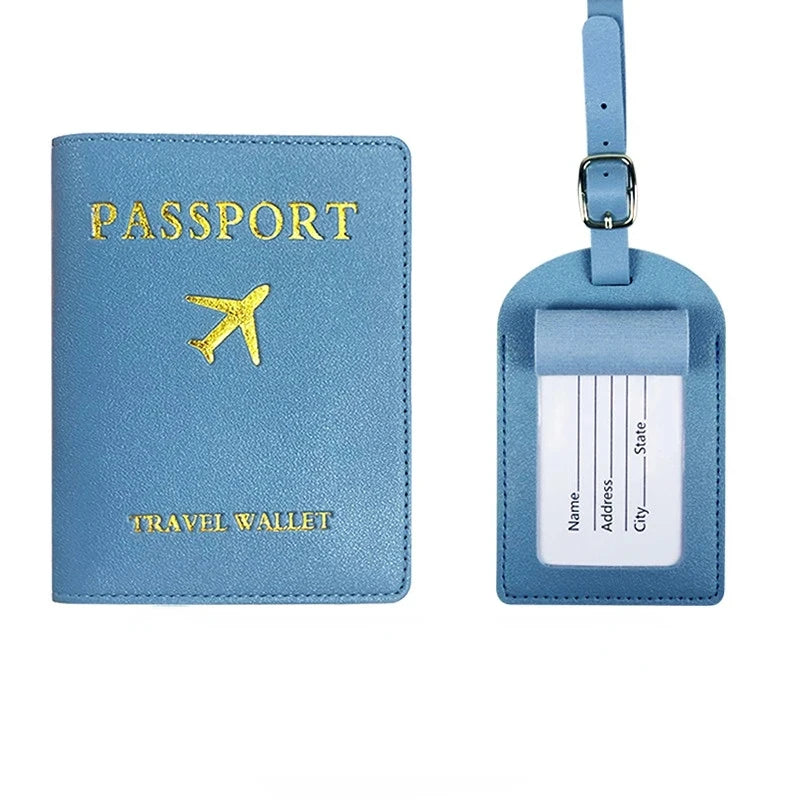 PU Leather Luggage Tag Passport Holder Set Passport Protective Cover Travel Portable ID Credit Card Holder Travel Accessories Qme Wumai Blue