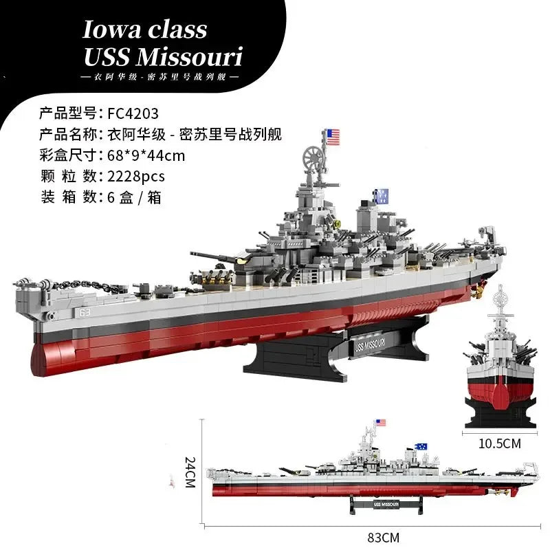 Military Battleship Series Missouri Battleship Crusier Model Building Blocks Bismarck Cruiser Boat Bricks Toy Kid Boy Gift Child Qme