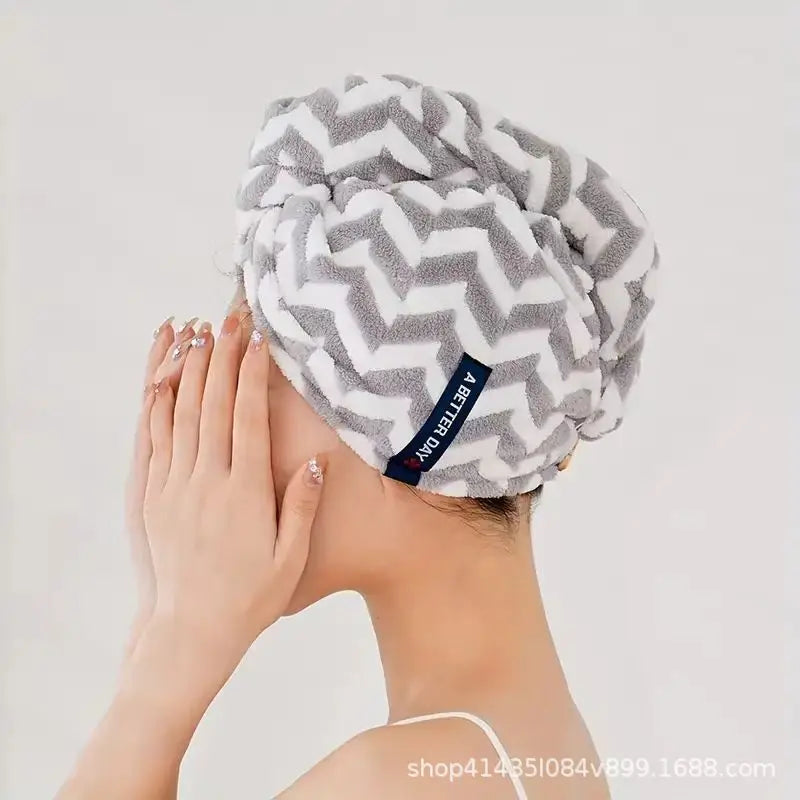 Striped Microfiber Hair Drying Cap Thick Coral Fleece Quick Dry Qme grey