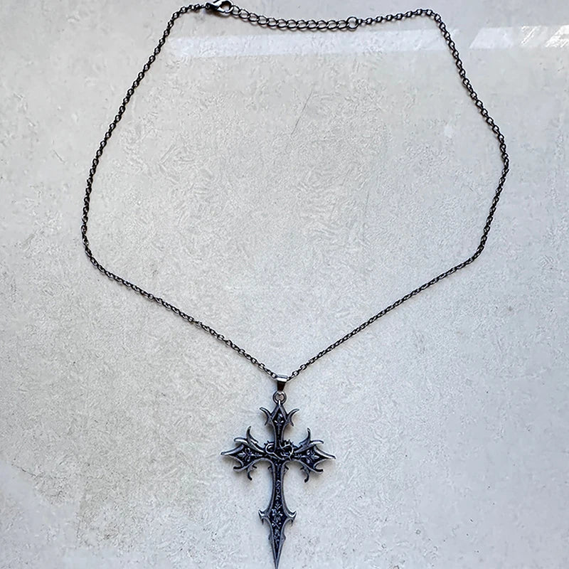 Cross Necklace Vintage Gothic Silver Religious Crucifix Pendant Qme