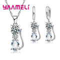 Real 925 Sterling Silver Color Jewelry Sets for Woman Girls Shining Austrian Crystal Cute Cat Pendant Necklace Huggie Earring Qme White